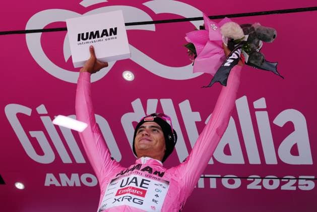 Del Toro Romero Isaac of Uae Team Emirates Xrg pink jersey on the podium during the stage 16 of the Giro d™Italia from Piazzola sul Brenta to San Valentino (Brentonico), Italy - Tuesday, May 27, 2025. - cycling.  Copyright: xGianxMattiaxD Alberto LaPressex