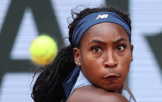 Coco Gauff of the US plays against Olivia Gadecki of Australia during their first-round match at the French Tennis Open in Roland Garros in Paris, France, on Tuesday, May 27, 2025. Gauff won 6-2, 6-2.  PAR20250527106 MAYAxVIDON-WHITE