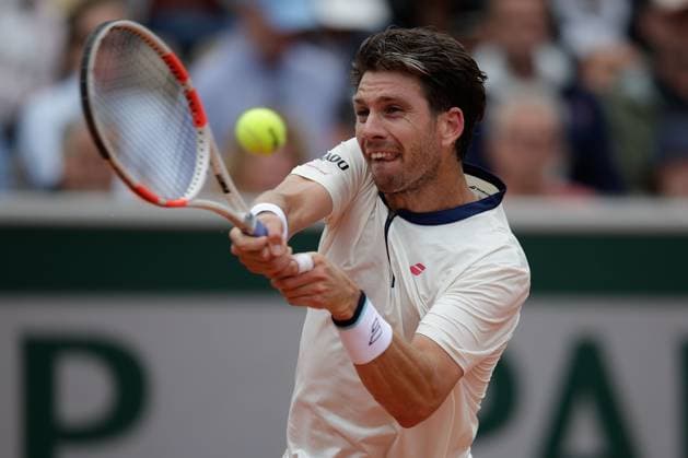Paris 27 05 2025 xABx Tennis French Open 2025 Roland Garros, Daniil Medvedev Cameron Norrie GBR v l , Cameron Norrie GBR plays a backhand Copyright: HMBxMedia AntonioxBorga