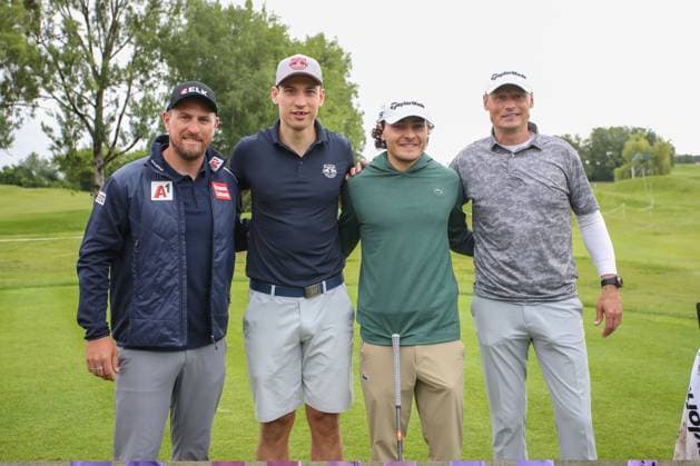 GOLF - Austrian Alpine Open HENNDORF,AUSTRIA,28.MAY.25 - GOLF - DP World Tour, Austrian Alpine Open, ProAm, Golfclub Gut Altentann. Image shows Max Franz, Peter Hochkofler, Max Steinlechner and Alex Manninger (AUT).  GEPAxpictures xMathiasxMandl