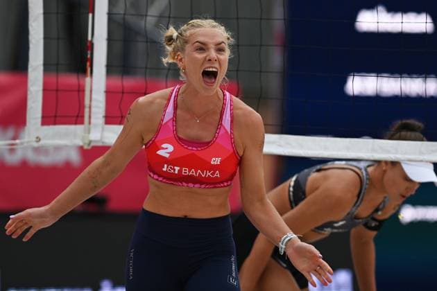Marie-Sara Stochlova of Czech Republic reacts during the Groupe D, women match Marketa Svozilova and Marie-Sara Stochlova of Czech Republic vs Anouk Verge-Depre and Zoe Verge-Depre of Switzerland at the Pro Tour Elite Beach volleyball, Beachvolleyball tournament in Ostrava, Czech Republic, May 28, 2025. (CTKxPhoto JaroslavxOzana) CTKPhotoP2025052806789  CTKPhotoP2025052806789