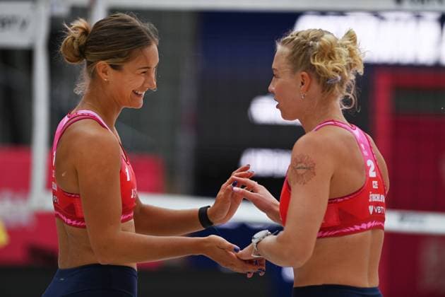From left Marketa Svozilova and Marie-Sara Stochlova of Czech Republic react during the Groupe D women match Marketa Svozilova and Marie-Sara Stochlova of Czech Republic vs Anouk Verge-Depre and Zoe Verge-Depre of Switzerland at the Pro Tour Elite Beach volleyball, Beachvolleyball tournament in Ostrava, Czech Republic, May 28, 2025. (CTKxPhoto JaroslavxOzana) CTKPhotoP2025052806790  CTKPhotoP2025052806790