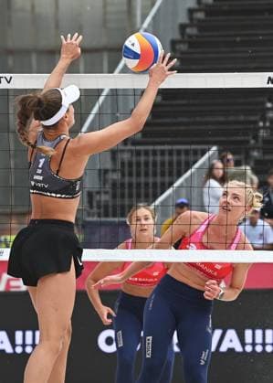 From left Anouk Verge-Depre of Switzerland and Marie-Sara Stochlova of Czech Republic in action during the Groupe D women match Marketa Svozilova and Marie-Sara Stochlova of Czech Republic vs Anouk Verge-Depre and Zoe Verge-Depre of Switzerland at the Pro Tour Elite Beach volleyball, Beachvolleyball tournament in Ostrava, Czech Republic, May 28, 2025. (CTKxPhoto JaroslavxOzana) CTKPhotoP2025052806863  CTKPhotoP2025052806863