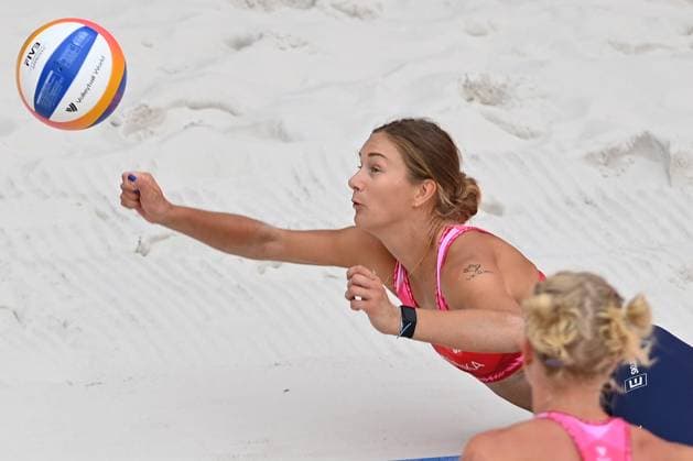 From left Marketa Svozilova and Marie-Sara Stochlova of Czech Republic in action during the Groupe D women match Marketa Svozilova and Marie-Sara Stochlova of Czech Republic vs Anouk Verge-Depre and Zoe Verge-Depre of Switzerland at the Pro Tour Elite Beach volleyball, Beachvolleyball tournament in Ostrava, Czech Republic, May 28, 2025. (CTKxPhoto JaroslavxOzana) CTKPhotoP2025052806956  CTKPhotoP2025052806956