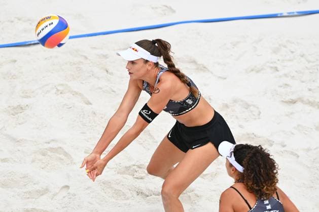 From left Anouk Verge-Depre and Zoe Verge-Depre of Switzerland in action during the Groupe D women match Marketa Svozilova and Marie-Sara Stochlova of Czech Republic vs Anouk Verge-Depre and Zoe Verge-Depre of Switzerland at the Pro Tour Elite Beach volleyball, Beachvolleyball tournament in Ostrava, Czech Republic, May 28, 2025. (CTKxPhoto JaroslavxOzana) CTKPhotoP2025052806985  CTKPhotoP2025052806985
