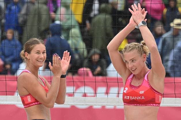 From left Marketa Svozilova and Marie-Sara Stochlova of Czech Republic react during the Groupe D women match Marketa Svozilova and Marie-Sara Stochlova of Czech Republic vs Anouk Verge-Depre and Zoe Verge-Depre of Switzerland at the Pro Tour Elite Beach volleyball, Beachvolleyball tournament in Ostrava, Czech Republic, May 28, 2025. (CTKxPhoto JaroslavxOzana) CTKPhotoP2025052807384  CTKPhotoP2025052807384