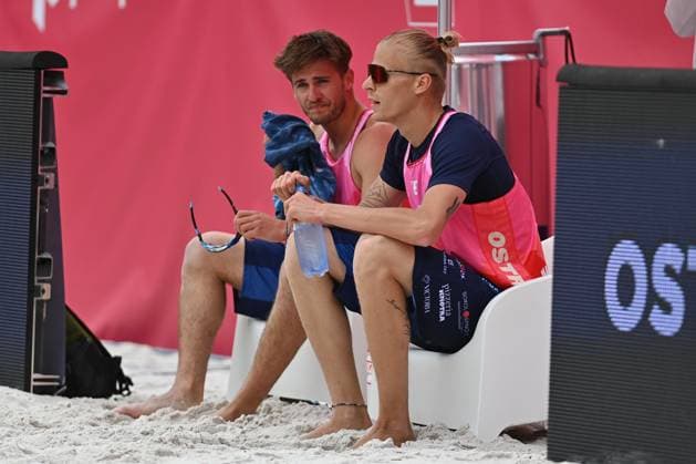 From left Tadeas Trousil and Matyas Dzavoronok of Czech Republic during the Groupe D men match Tadeas Trousil and Matyas Dzavoronok of Czech Republic vs Miles Partain and Andrew Benesh of USA at the Pro Tour Elite Beach volleyball, Beachvolleyball tournament in Ostrava, Czech Republic, May 29, 2025. (CTKxPhoto JaroslavxOzana) CTKPhotoP2025052903436  CTKPhotoP2025052903436