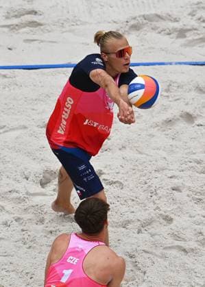 From left Tadeas Trousil and Matyas Dzavoronok of Czech Republic in action during the Groupe D men match Tadeas Trousil and Matyas Dzavoronok of Czech Republic vs Miles Partain and Andrew Benesh of USA at the Pro Tour Elite Beach volleyball, Beachvolleyball tournament in Ostrava, Czech Republic, May 29, 2025. (CTKxPhoto JaroslavxOzana) CTKPhotoP2025052903439  CTKPhotoP2025052903439