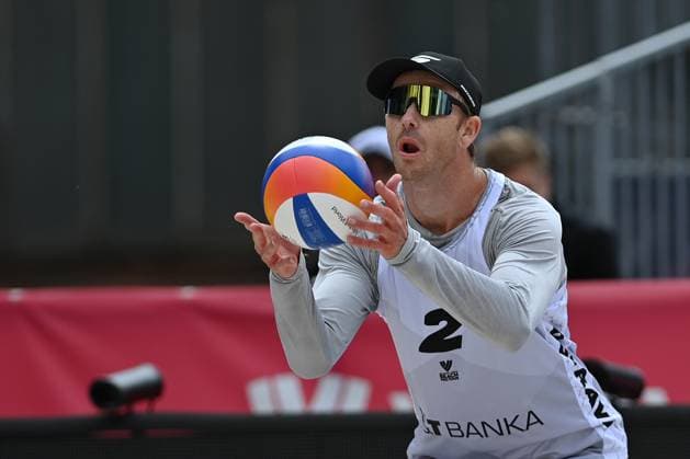 Andrew Benesh of USA in action during the Groupe D men match Tadeas Trousil and Matyas Dzavoronok of Czech Republic vs Miles Partain and Andrew Benesh of USA at the Pro Tour Elite Beach volleyball, Beachvolleyball tournament in Ostrava, Czech Republic, May 29, 2025. (CTKxPhoto JaroslavxOzana) CTKPhotoP2025052903440  CTKPhotoP2025052903440