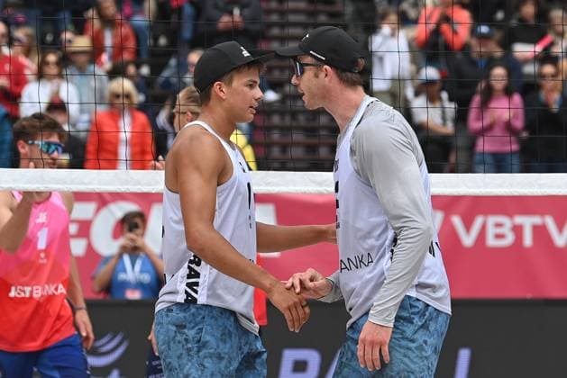 Miles Partain, left, and Andrew Benesh of USA during the Groupe D men match Tadeas Trousil and Matyas Dzavoronok of Czech Republic vs Miles Partain and Andrew Benesh of USA at the Pro Tour Elite Beach volleyball, Beachvolleyball tournament in Ostrava, Czech Republic, May 29, 2025. (CTKxPhoto JaroslavxOzana) CTKPhotoP2025052903795  CTKPhotoP2025052903795