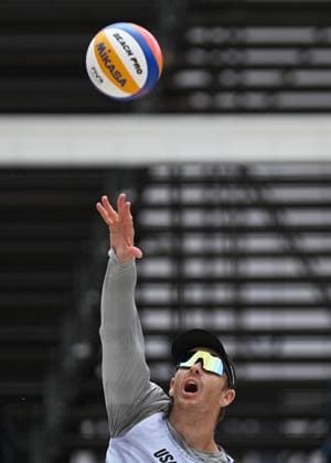 Andrew Benesh of USA in action during the Groupe D men match Tadeas Trousil and Matyas Dzavoronok of Czech Republic vs Miles Partain and Andrew Benesh of USA at the Pro Tour Elite Beach volleyball, Beachvolleyball tournament in Ostrava, Czech Republic, May 29, 2025. (CTKxPhoto JaroslavxOzana) CTKPhotoP2025052903858  CTKPhotoP2025052903858
