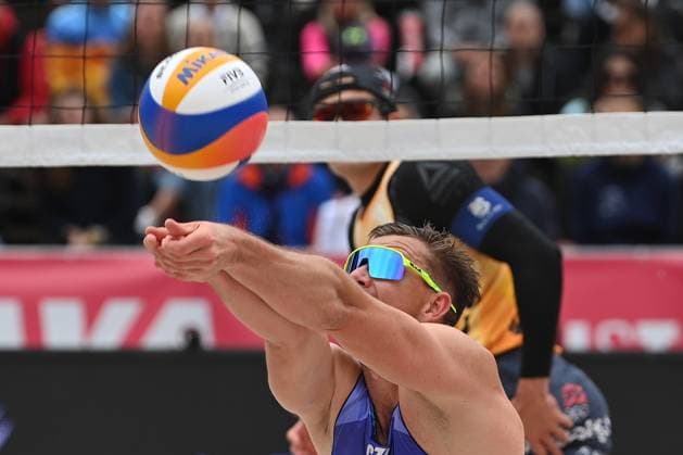 David Schweiner of Czech Republic in action during the Groupe F men match Ondrej Perusic and David Schweiner of Czech Republic vs Marco Grimalt and Esteban Grimalt of Chile at the Pro Tour Elite Beach volleyball, Beachvolleyball tournament in Ostrava, Czech Republic, May 29, 2025. (CTKxPhoto JaroslavxOzana) CTKPhotoP2025052904148  CTKPhotoP2025052904148
