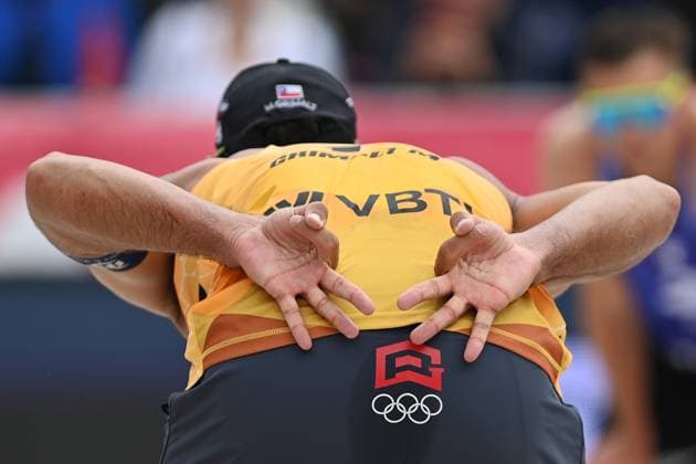 Marco Grimalt of Chile gestures during the Groupe F men match Ondrej Perusic and David Schweiner of Czech Republic vs Marco Grimalt and Esteban Grimalt of Chile at the Pro Tour Elite Beach volleyball, Beachvolleyball tournament in Ostrava, Czech Republic, May 29, 2025. (CTKxPhoto JaroslavxOzana) CTKPhotoP2025052904312  CTKPhotoP2025052904312