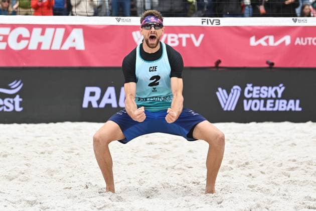 Jiri Sedlak of Czech Republic reacts during the Group B men match Stefan Boermans and Yorick de Groot of Netherlands vs Jakub Sepka and Jiri Sedlak of Czech Republic at the Pro Tour Elite Beach volleyball, Beachvolleyball tournament in Ostrava, Czech Republic, May 29, 2025. (CTKxPhoto JaroslavxOzana) CTKPhotoP2025052904978  CTKPhotoP2025052904978