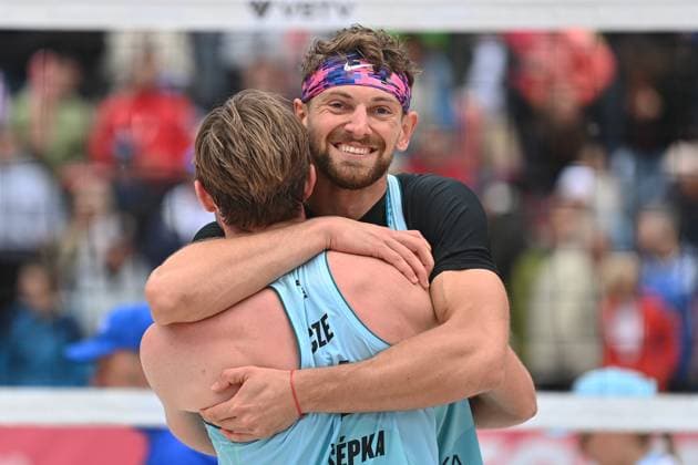 Jakub Sepka, left, and Jiri Sedlak of Czech Republic during the Group B men match Stefan Boermans and Yorick de Groot of Netherlands vs Jakub Sepka and Jiri Sedlak of Czech Republic at the Pro Tour Elite Beach volleyball, Beachvolleyball tournament in Ostrava, Czech Republic, May 29, 2025. (CTKxPhoto JaroslavxOzana) CTKPhotoP2025052904995  CTKPhotoP2025052904995