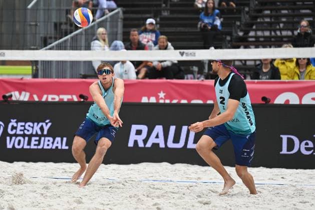 Jakub Sepka, left, and Jiri Sedlak of Czech Republic in action during the Group B men match Stefan Boermans and Yorick de Groot of Netherlands vs Jakub Sepka and Jiri Sedlak of Czech Republic at the Pro Tour Elite Beach volleyball, Beachvolleyball tournament in Ostrava, Czech Republic, May 29, 2025. (CTKxPhoto JaroslavxOzana) CTKPhotoP2025052905120  CTKPhotoP2025052905120