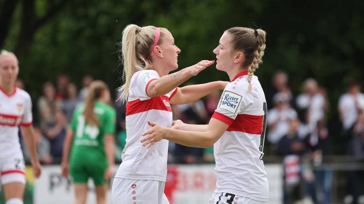 Münchingen , Football WFV Cup Final Women , VfB Stuttgart Women vs VfL Herrenberg , from left Mandy Islacker Leonie Kopp VfB , Cheering