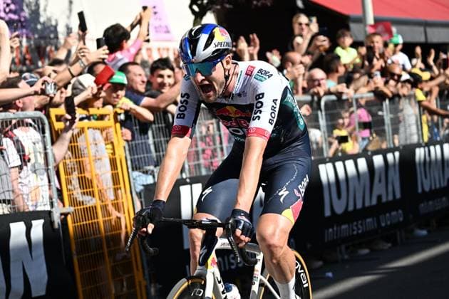 May 29, 2025, Bormio, ITALY: German rider Nico Denz of Red Bull - Bora - Hansgrohe celebrates after crossing the finish line and win the 18th stage of the 108 Giro d Italia 2025, cycling race over 144 km from Morbegno to Cesano Maderno, 29 May 2025. ANSA LUCA ZENNARO Giro: Denz Vince La 18 A Tappa A Cesano Maderno  - ZUMAa110 20250529_zaf_a110_039 Copyright: xLucaxZennarox