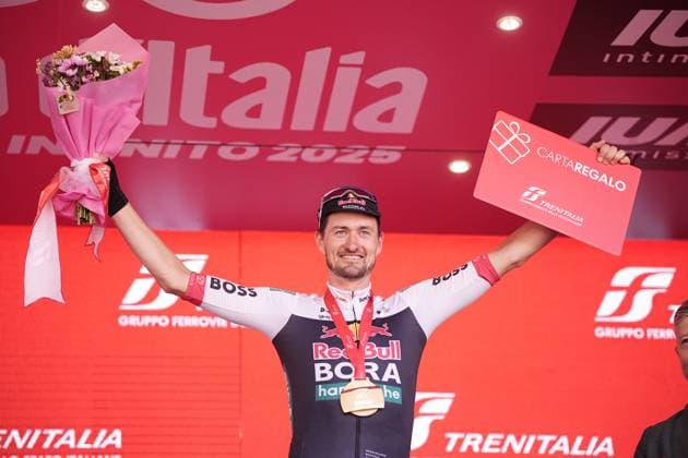Denz Nico of Red Bull - Bora - Hansgrohe Team winner of the stage on the podium during the stage 18 of the Giro d™Italia from Morbegno to Cesano Maderno, Italy - Thursday, May 29, 2025. - cycling.  Copyright: xMarcoxAlpozzi LaPressex