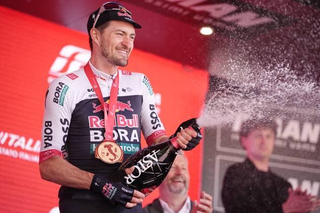 Denz Nico of Red Bull - Bora - Hansgrohe Team winner of the stage on the podium during the stage 18 of the Giro d™Italia from Morbegno to Cesano Maderno, Italy - Thursday, May 29, 2025. - cycling.  Copyright: xMarcoxAlpozzi LaPressex