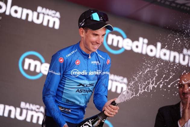 Fortunato Lorenzo of Xds Astana Team azure jersey on the podium during the stage 18 of the Giro d™Italia from Morbegno to Cesano Maderno, Italy - Thursday, May 29, 2025. - cycling.  Copyright: xMarcoxAlpozzi LaPressex