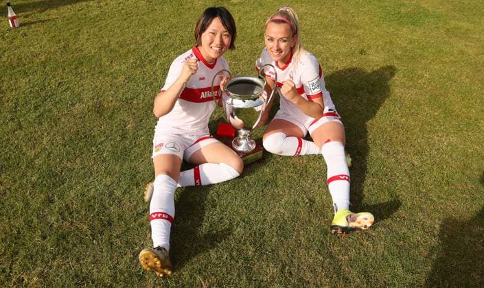 Münchingen , Football WFV Cup Final Women , VfB Stuttgart Women vs VfL Herrenberg , from left Yuka Hirano Mandy Islacker VfB