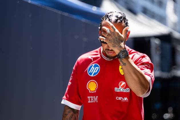 Lewis Hamilton Scuderia Ferrari HP, Great Britain, 44 with hand in front of forehead face, ESP, Formula 1 World Championship, Aramco Grand Prix of Spain, Circuit de Barcelona Catalunya, Media Day, 2025 season, 29 05 2025 ESP, Formula 1 World Championship, Aramco Grand Prix of Spain, Circuit de Barcelona Catalunya, Media Day, 2025 season, 29 05 2025 Barcelona Copyright: xEibner-Pressefoto Memmlerx EP_MMR