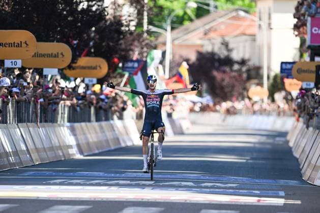 CESANO MADERNO, ITALY - MAY 29: Nico Denz of Germany and Team Red Bull celebrates at finish line as stage winner during the 108th Giro d Italia 2025, Stage 18 a 144km stage from Morbegno to Cesano Moderno 1.800m UCIWT on May 29, 2025 in Bormio, Italy. Credit: Tiziano Ballabio  Copyright: xTizianoxBallabio IPAxSportx xipa-agency.netx xx IPA_58387695 IPA_Agency_IPA58387695