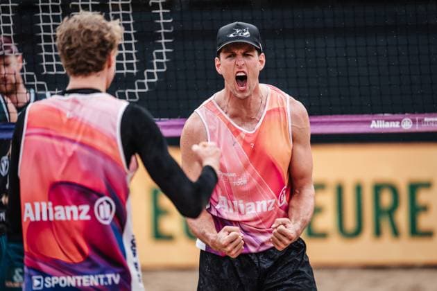 Beach volleyball men Allianz German Beach Tour 2025 Tourstop Hamburg 29 05 2025 Tristan Fröbel cheers Hamburg Active City Arena Heiligengeistf Hamburg Germany