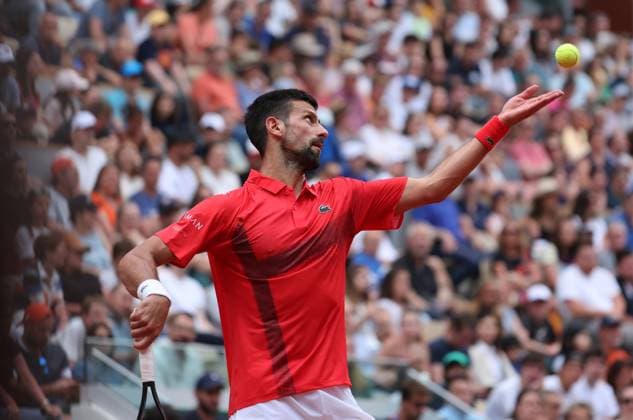 Czech Novak Djokovic plays against French Corentin Moutet during their second round match of the French Tennis Open at Roland Garros in Paris, France, on Thursday, May 29, 2025. Djokovic won 6-3, 6-2, 7-6.  PAR20250529309 MAYAxVIDON-WHITE