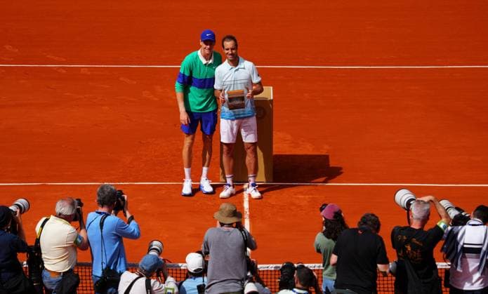 Richard Gasquet being honoured after his final Roland Garros match and poses with Jannik Sinner who defeated him but decided to wait until the end of the ceremony to leave the court French Open Tennis, Day Five, Tennis, Roland Garros, Paris, France - 29 May 2025 EDITORIAL USE ONLY No use with unauthorised audio, video, data, fixture lists, club league logos or live services. Online in-match use limited to 120 images, no video emulation. No use in betting, games or single club league player publications. Copyright: xJavierxGarcia Shutterstockx 15328390he