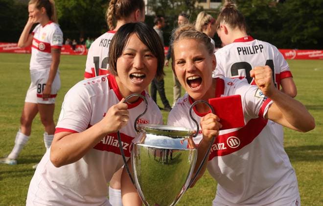Münchingen , Football WFV Cup Final Women , VfB Stuttgart Women vs VfL Herrenberg , from left Yuka Hirano Leonie Maier VfB