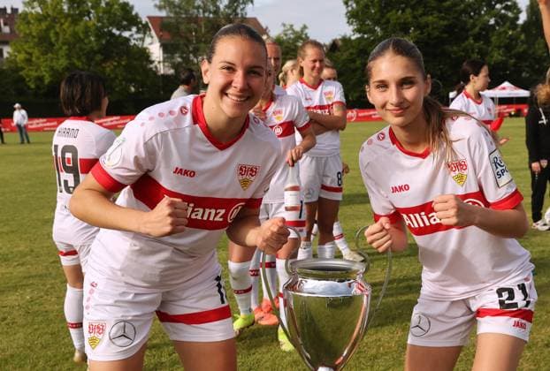 Münchingen , Football WFV Cup Final Women , VfB Stuttgart Women vs VfL Herrenberg , from left Farah Jusufovic Emma Babic VfB