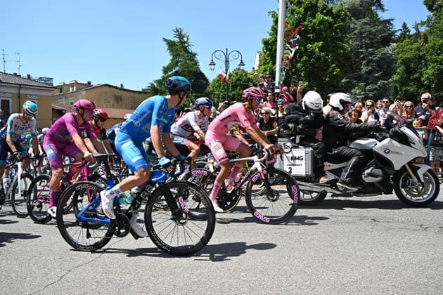 May 30, 2025, Biella, ITALY: Italian rider Lorenzo Fortunato of XDS Astana Team wearing the best climber s blue jersey, danish rider Mads Pedersen of Team Lidl - Trek wearing the points classification leader s cyclamen jersey, mexican rider Isaac Del Toro Romero of Uae Team Emirates Xrg wearing the overall leader s pink jersey, italian rider Giulio Pellizzari of Red Bull - Bora - Hansgrohe wearing the best young rider s white jersey, waiting to the start for the 19th stage of the 108 Giro d Italia 2025, cycling race over 166 km from Biella to Champoluc, 30 May 2025. ANSA LUCA ZENNARO. Giro D Italia Cycling Tour - Stage 19  - ZUMAa110 20250530_zaf_a110_001 Copyright: xLucaxZennarox