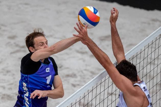 From left Ondrej Perusic of Czech Republic and Michal Bryl of Poland in action during the Group F men match Ondrej Perusic and David Schweiner of Czech Republic vs Bartosz Losiak of Poland at the Pro Tour Elite Beach volleyball, Beachvolleyball tournament in Ostrava, Czech Republic, May 30, 2025. (CTKxPhoto VladimirxPrycek) CTKPhotoP2025053003396  CTKPhotoP2025053003396