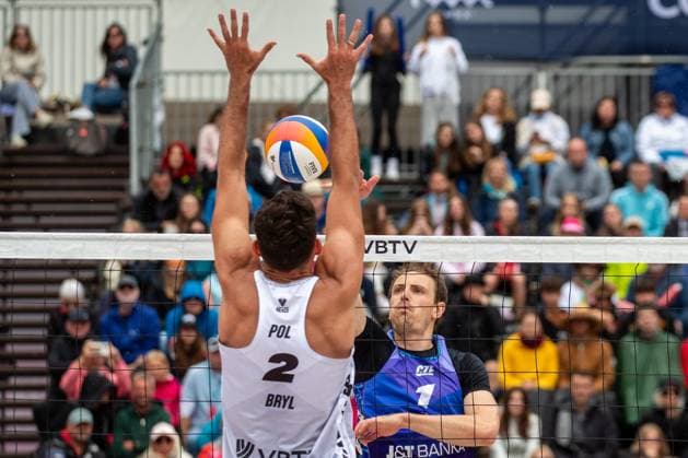 From left Michal Bryl of Poland and Ondrej Perusic of Czech Republic in action during the Group F men match Ondrej Perusic and David Schweiner of Czech Republic vs Bartosz Losiak of Poland at the Pro Tour Elite Beach volleyball, Beachvolleyball tournament in Ostrava, Czech Republic, May 30, 2025. (CTKxPhoto VladimirxPrycek) CTKPhotoP2025053003556  CTKPhotoP2025053003556