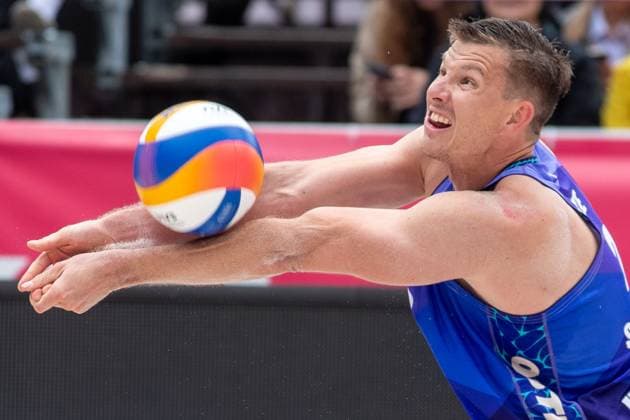 David Schweiner of Czech Republic in action during the Group F men match Ondrej Perusic and David Schweiner of Czech Republic vs Bartosz Losiak of Poland at the Pro Tour Elite Beach volleyball, Beachvolleyball tournament in Ostrava, Czech Republic, May 30, 2025. (CTKxPhoto VladimirxPrycek) CTKPhotoP2025053003627  CTKPhotoP2025053003627