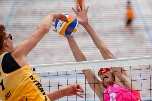 From left Maximilian Just of Germany and Matyas Dzavoronok of Czech Republic in action during the Group D men match Maximilian Just and Philipp Huster of Germany vs Tadeas Trousil and Matyas Dzavoronok of Czech Republic at the Pro Tour Elite Beach volleyball, Beachvolleyball tournament in Ostrava, Czech Republic, May 30, 2025. (CTKxPhoto VladimirxPrycek) CTKPhotoP2025053003543  CTKPhotoP2025053003543