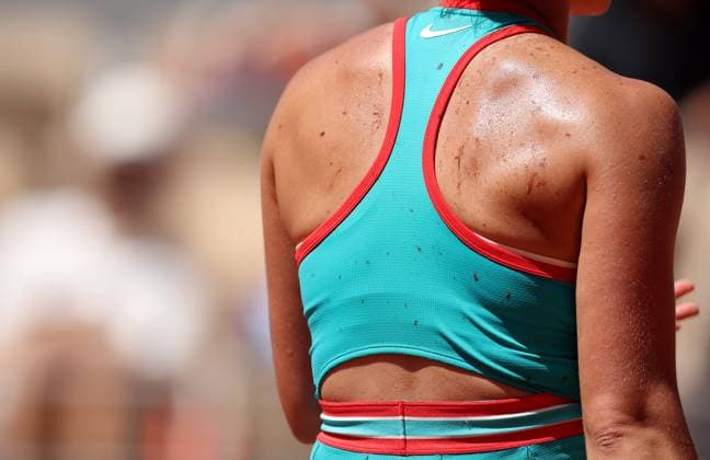 Clay on the back of Aryna Sabalenka French Open Tennis, Day Six, Tennis, Roland Garros, Paris, France - 30 May 2025 EDITORIAL USE ONLY No use with unauthorised audio, video, data, fixture lists, club league logos or live services. Online in-match use limited to 120 images, no video emulation. No use in betting, games or single club league player publications. Copyright: xEllaxLing Shutterstockx 15330909c