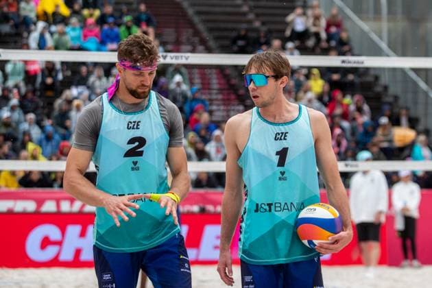 From left Jiri Sedlak and Jakub Sepka of Czech Republic during the Group B men match Jakub Sepka and Jiri Sedlak of Czech Republik vs Evandro Goncalves Oliveira Junior and Arthur Diego Mariano Lanci of Brasil at the Pro Tour Elite Beach volleyball, Beachvolleyball tournament in Ostrava, Czech Republic, May 30, 2025. (CTKxPhoto VladimirxPrycek) CTKPhotoP2025053004423  CTKPhotoP2025053004423