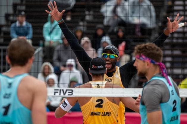 From left Jakub Sepka of Czech Republic, Arthur Diego Mariano Lanci and Evandro Goncalves Oliveira Junior of Brasil and Jiri Sedlak of Czech Republic during the Group B men match Jakub Sepka and Jiri Sedlak of Czech Republik vs Evandro Goncalves Oliveira Junior and Arthur Diego Mariano Lanci of Brasil at the Pro Tour Elite Beach volleyball, Beachvolleyball tournament in Ostrava, Czech Republic, May 30, 2025. (CTKxPhoto VladimirxPrycek) CTKPhotoP2025053004438  CTKPhotoP2025053004438