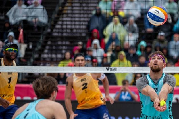 Jiri Sedlak of Czech Republic, right, in action during the Group B men match Jakub Sepka and Jiri Sedlak of Czech Republik vs Evandro Goncalves Oliveira Junior and Arthur Diego Mariano Lanci of Brasil at the Pro Tour Elite Beach volleyball, Beachvolleyball tournament in Ostrava, Czech Republic, May 30, 2025. (CTKxPhoto VladimirxPrycek) CTKPhotoP2025053004469  CTKPhotoP2025053004469