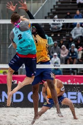 From left Jiri Sedlak of Czech Republic and Evandro Goncalves Oliveira Junior of Brasil in action during the Group B men match Jakub Sepka and Jiri Sedlak of Czech Republik vs Evandro Goncalves Oliveira Junior and Arthur Diego Mariano Lanci of Brasil at the Pro Tour Elite Beach volleyball, Beachvolleyball tournament in Ostrava, Czech Republic, May 30, 2025. (CTKxPhoto VladimirxPrycek) CTKPhotoP2025053004475  CTKPhotoP2025053004475