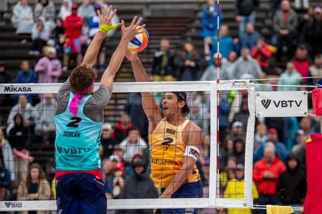 From left Jiri Sedlak of Czech Republic and Arthur Diego Mariano Lanci of Brasil in action during the Group B men match Jakub Sepka and Jiri Sedlak of Czech Republik vs Evandro Goncalves Oliveira Junior and Arthur Diego Mariano Lanci of Brasil at the Pro Tour Elite Beach volleyball, Beachvolleyball tournament in Ostrava, Czech Republic, May 30, 2025. (CTKxPhoto VladimirxPrycek) CTKPhotoP2025053004516  CTKPhotoP2025053004516