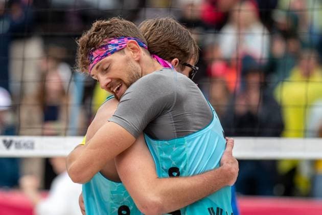 From left Jakub Sepka and Jiri Sedlak of Czech Republic during the Group B men match Jakub Sepka and Jiri Sedlak of Czech Republik vs Evandro Goncalves Oliveira Junior and Arthur Diego Mariano Lanci of Brasil at the Pro Tour Elite Beach volleyball, Beachvolleyball tournament in Ostrava, Czech Republic, May 30, 2025. (CTKxPhoto VladimirxPrycek) CTKPhotoP2025053004521  CTKPhotoP2025053004521