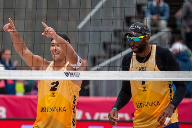 From left Arthur Diego Mariano Lanci and Evandro Goncalves Oliveira Junior of Brasil during the Group B men match Jakub Sepka and Jiri Sedlak of Czech Republik vs Evandro Goncalves Oliveira Junior and Arthur Diego Mariano Lanci of Brasil at the Pro Tour Elite Beach volleyball, Beachvolleyball tournament in Ostrava, Czech Republic, May 30, 2025. (CTKxPhoto VladimirxPrycek) CTKPhotoP2025053004522  CTKPhotoP2025053004522