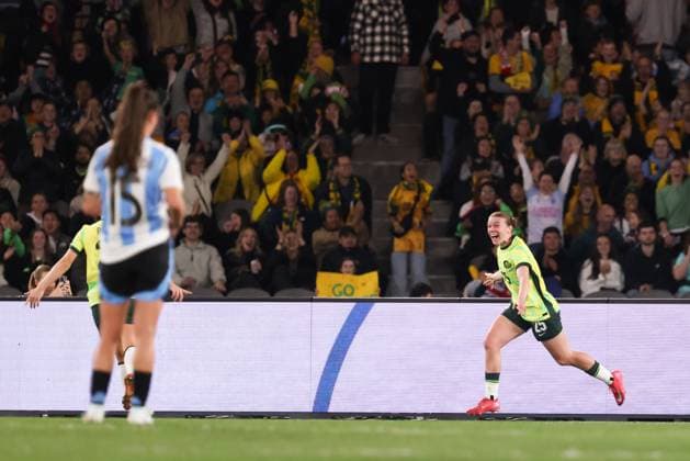 May 30, 2025, Melbourne, Victoria, Australia: MELBOURNE, AUSTRALIA - MAY 30: Kahil Johnson of Australia celebrates her first goal during an International Friendly, Länderspiel, Nationalmannschaft match between Australia s Matildas and Argentina at Marvel Stadium on May 30, 2025 in Melbourne, Australia. Melbourne Australia - ZUMAp121 20250530_zsp_p121_028 Copyright: xChrisxPutnamx