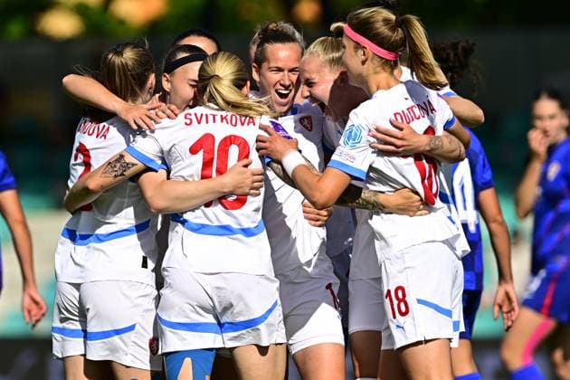 Soccer players of Czech Republic celebrate goal during the Women s Football Nations League, B4 Group 5th round match: Czechia vs Croatia in Chomutov, Czech Republic, May 30, 2025. (CTKxPhoto OndrejxHajek) CTKPhotoP2025053005805  CTKPhotoP2025053005805
