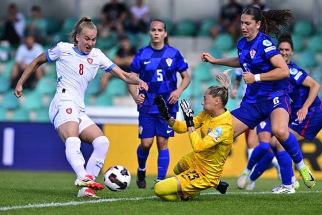 From left Czech Aneta Pochmanova, Stephanie Bukovec goalie of Croatia, Tea Vracevic of Croatia in action during the Women s Football Nations League, B4 Group 5th round match: Czechia vs Croatia in Chomutov, Czech Republic, May 30, 2025. (CTKxPhoto OndrejxHajek) CTKPhotoP2025053005928  CTKPhotoP2025053005928