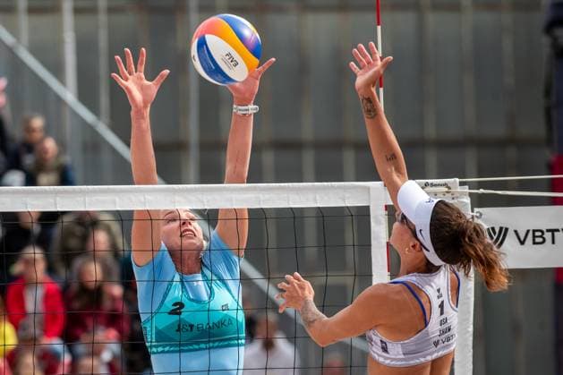 From left Marie-Sara Stochlova and Molly Shaw of USA in action during the women match Marketa Svozilova and Marie-Sara Stochlova of Czech Republic vs Molly Shaw, Kelly Cheng of USA at the Pro Tour Elite Beach volleyball, Beachvolleyball tournament in Ostrava, Czech Republic, May 30, 2025. (CTKxPhoto VladimirxPrycek) CTKPhotoP2025053005895  CTKPhotoP2025053005895